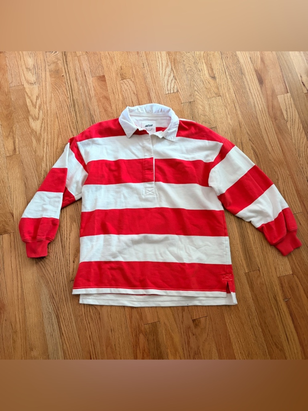 aerie Oversized Rugby Polo Top - Red & White Medium - Picture 4 of 11